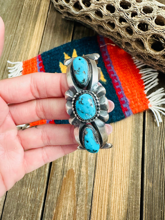 Handcrafted Old Pawn Kingman Turquoise & Sterling Silver Cuff Bracelet /