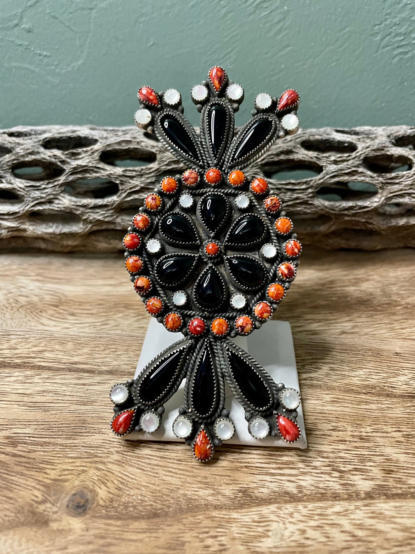 Handcrafted Sterling Silver Black Onyx And Orange Spiny Statement Ring Size 8 By Devon Brown