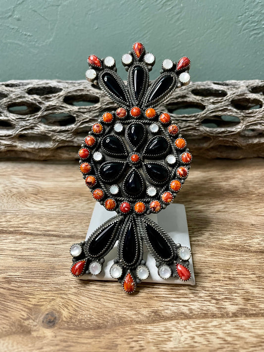 Handcrafted Sterling Silver Black Onyx And Orange Spiny Statement Ring Size 8 By Devon Brown