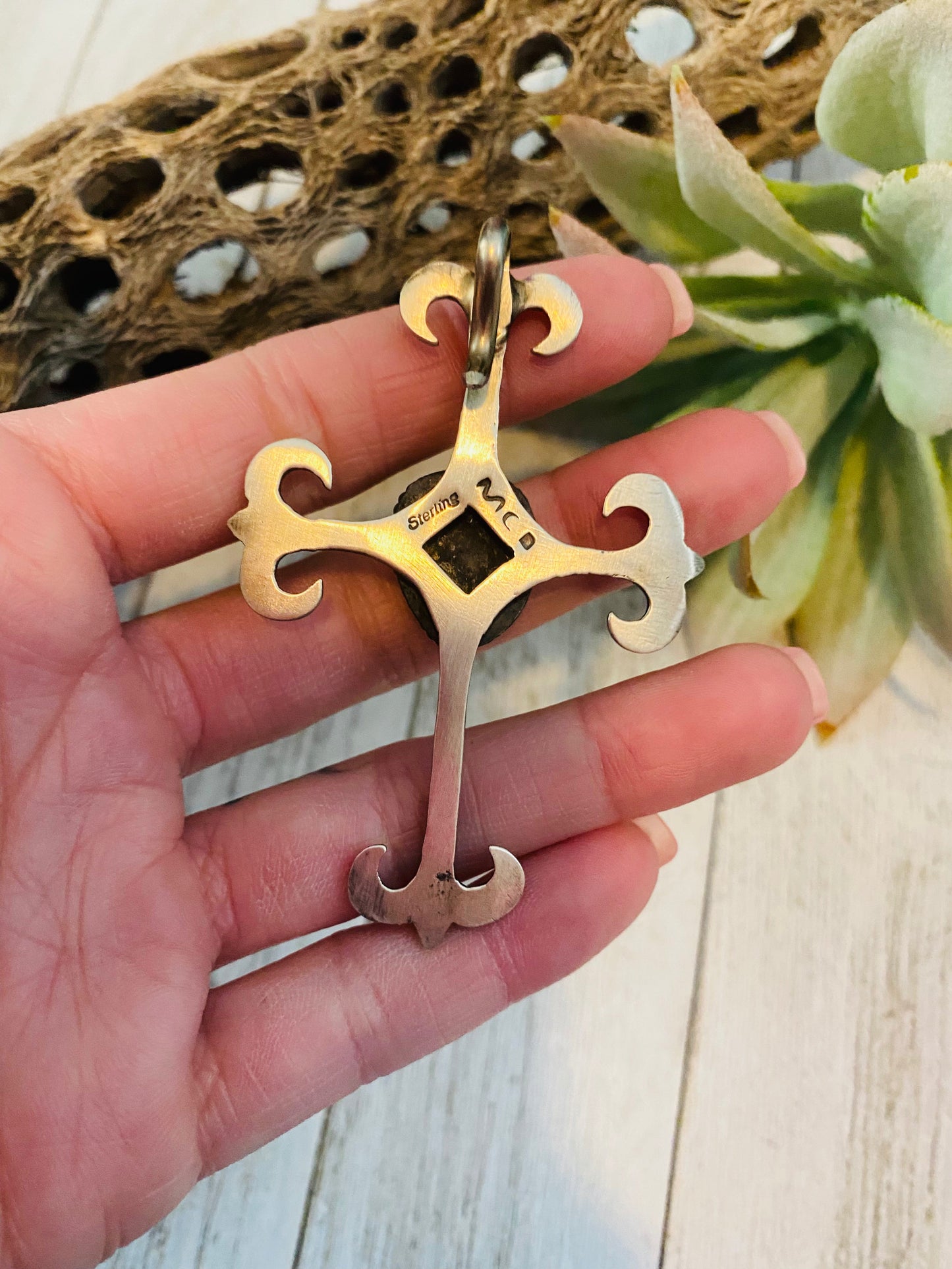 Handcrafted Sterling Silver & Royston Turquoise Cross Pendant By Martha Cayatineto