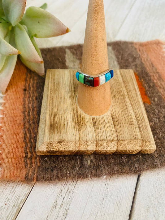 Handcrafted Sterling Silver & Multi Stone Inlay Band Ring Size 7.5