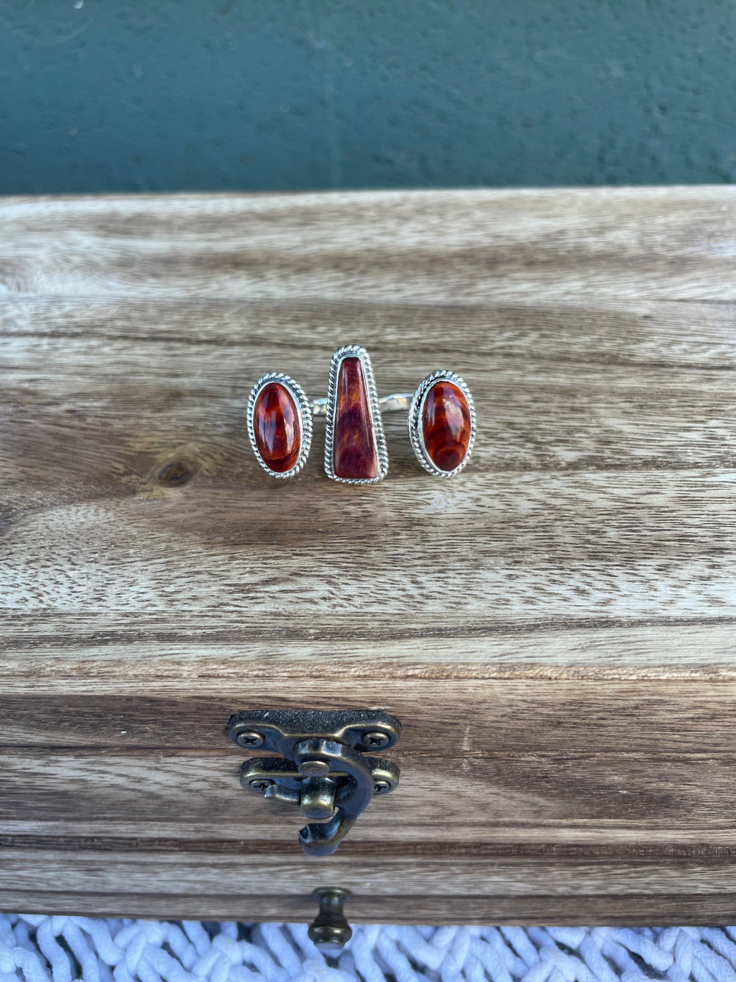 Handcrafted Sterling Silver And Dark Orange Spiny Adjustable Triple Threat Knuckler Ring