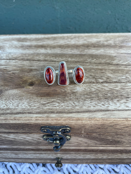 Handcrafted Sterling Silver And Dark Orange Spiny Adjustable Triple Threat Knuckler Ring