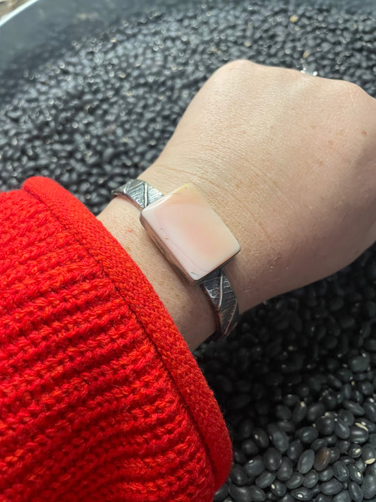 Handcrafted Pink Conch & Tufa Cast Cuff Bracelet Signed