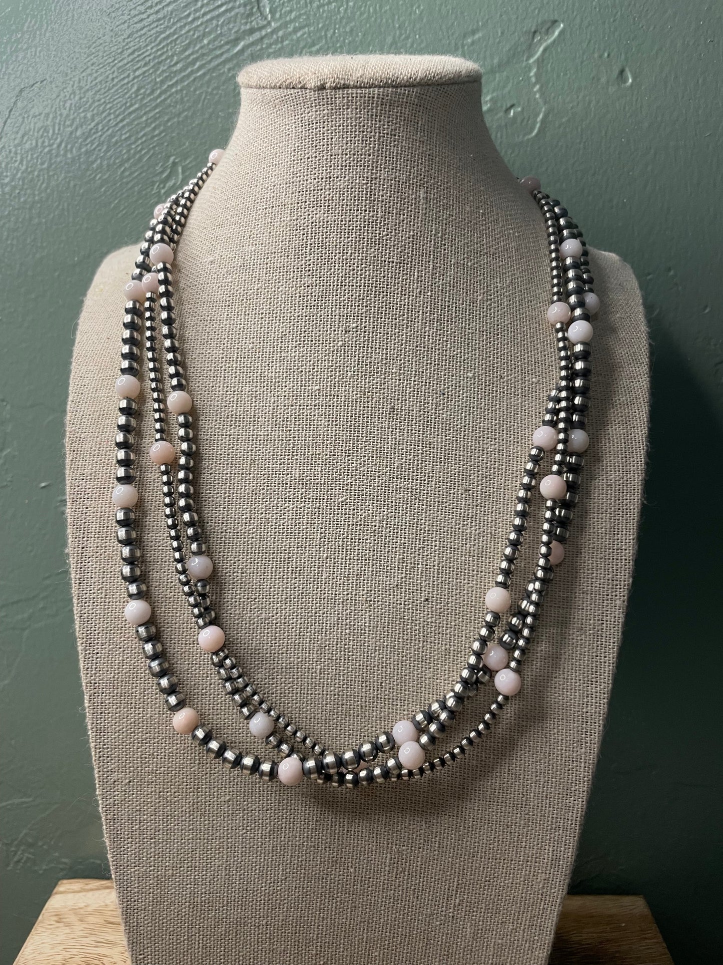 Handcrafted Pink Conch & Sterling Silver 3 Strand Beaded Necklace 20”