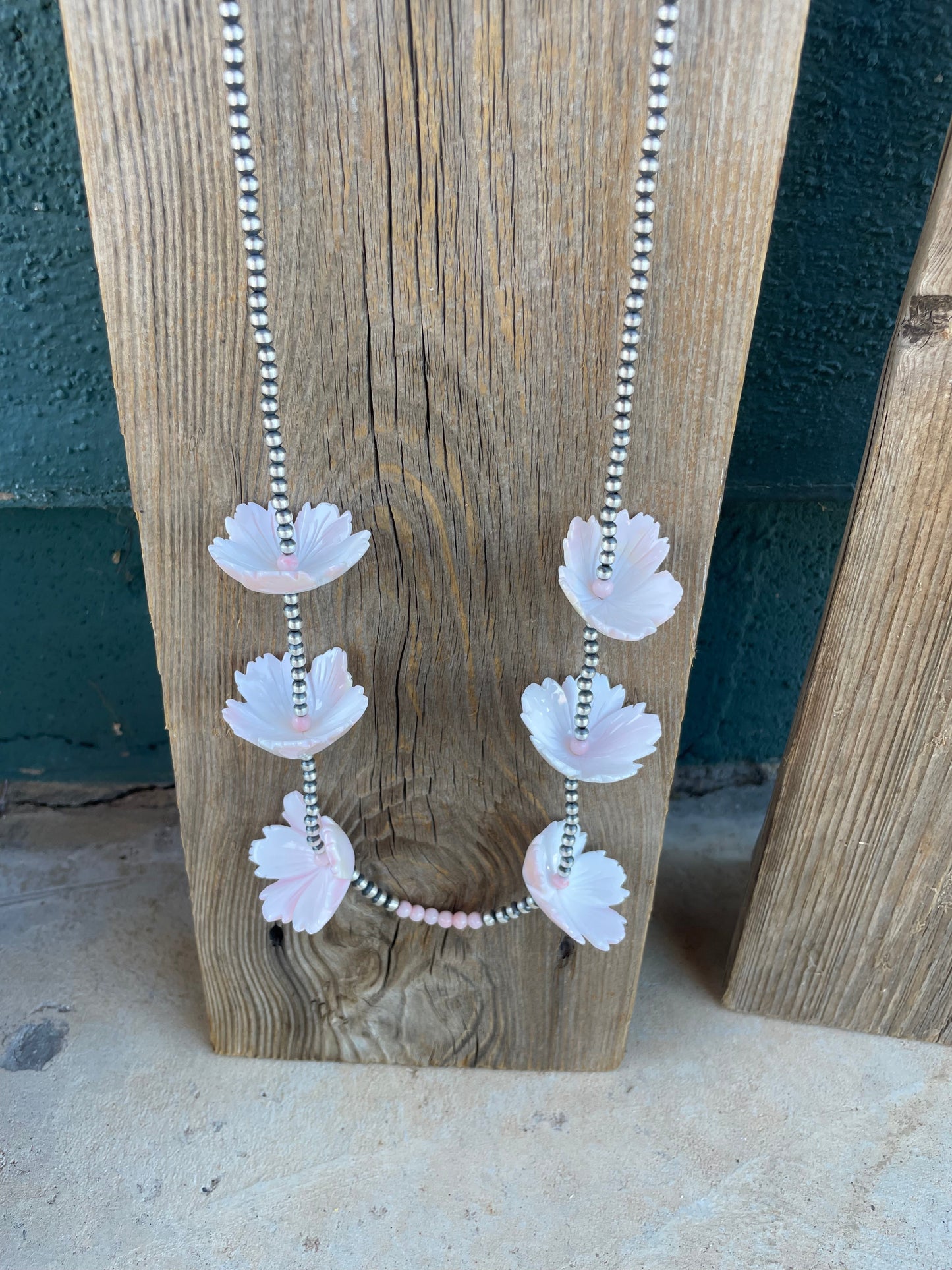 Handcrafted Pink Conch & Sterling Silver Flower Beaded Necklace 36”