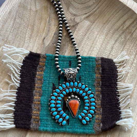 Handcrafted Sterling Silver, Turquoise & Orange Spiny Naja Pendant Signed