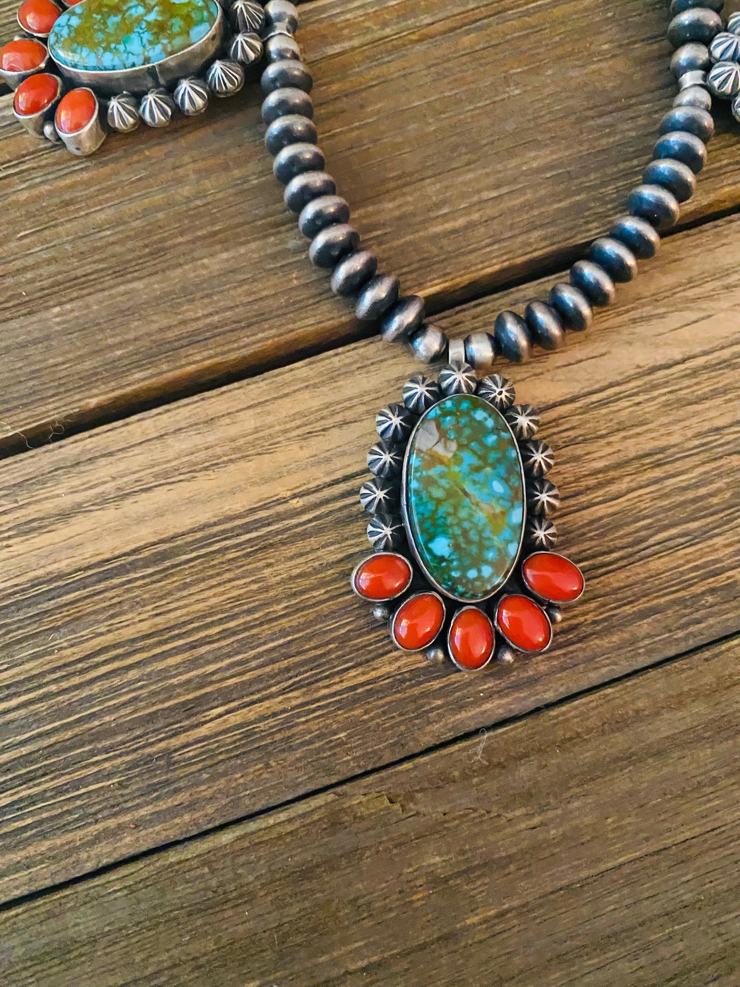 Handcrafted Sterling Kingman Turquoise & Natural Red Coral Necklace Taos Collection