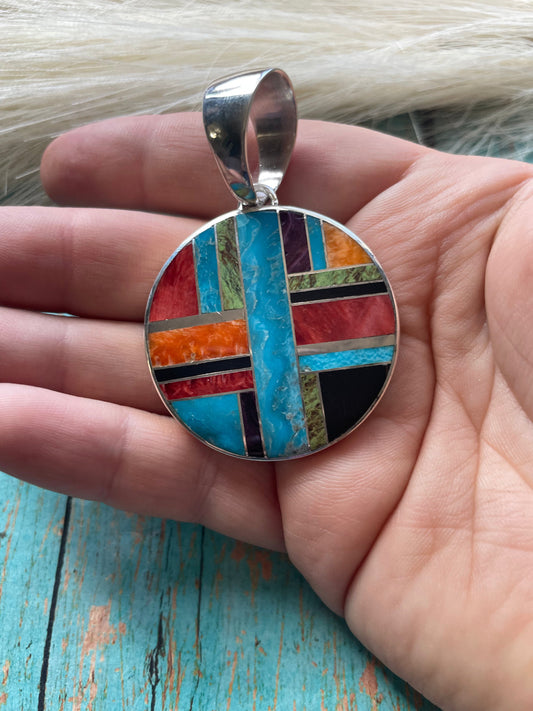 Handcrafted Multi Stone Inlay & Sterling Silver Circle Pendant