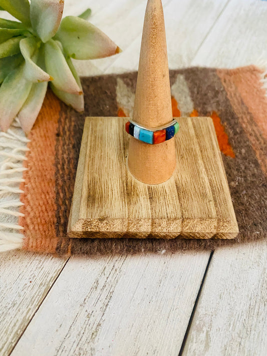 Handcrafted Sterling Silver & Multi Stone Inlay Band Ring Size 7.5