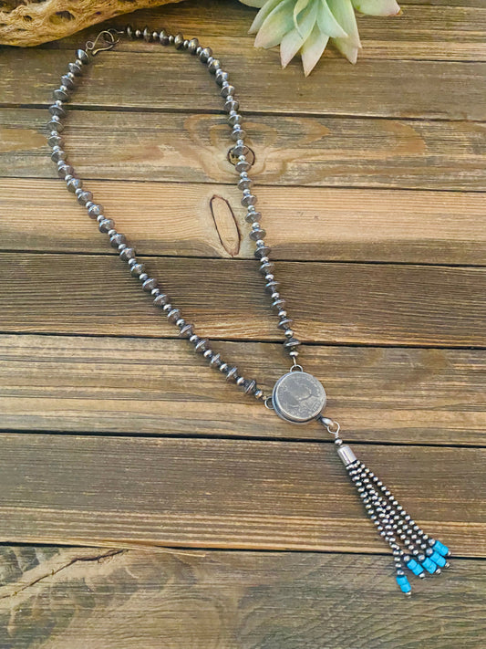 Handcrafted Turquoise & Sterling Silver Pearl Beaded Coin Tassel Necklace