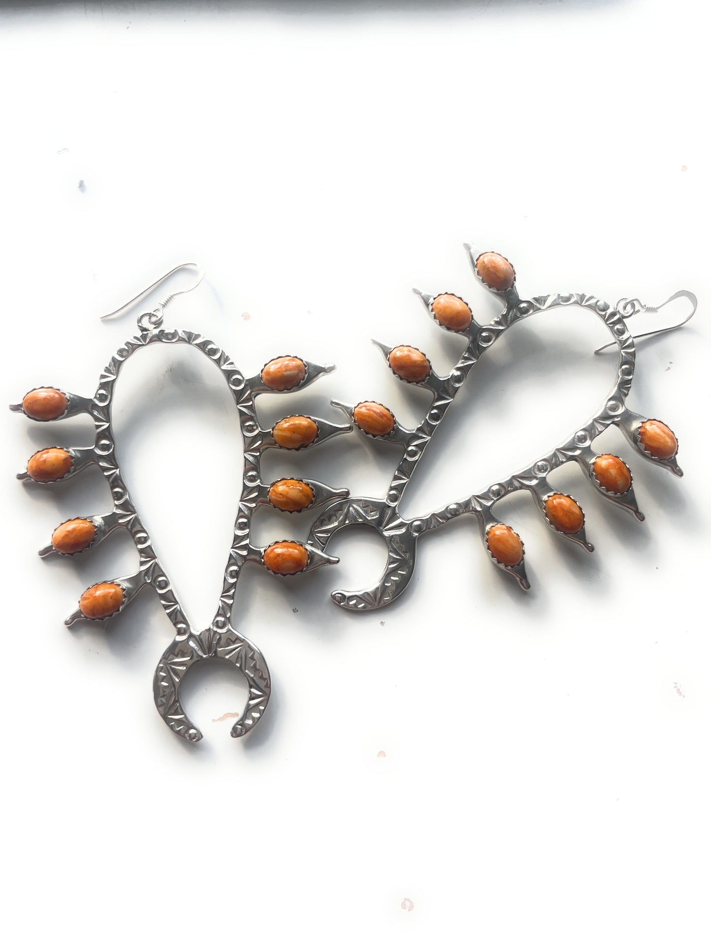 Handcrafted Sterling Silver & Orange Spiny Squash Blossom Dangle Earrings Signed