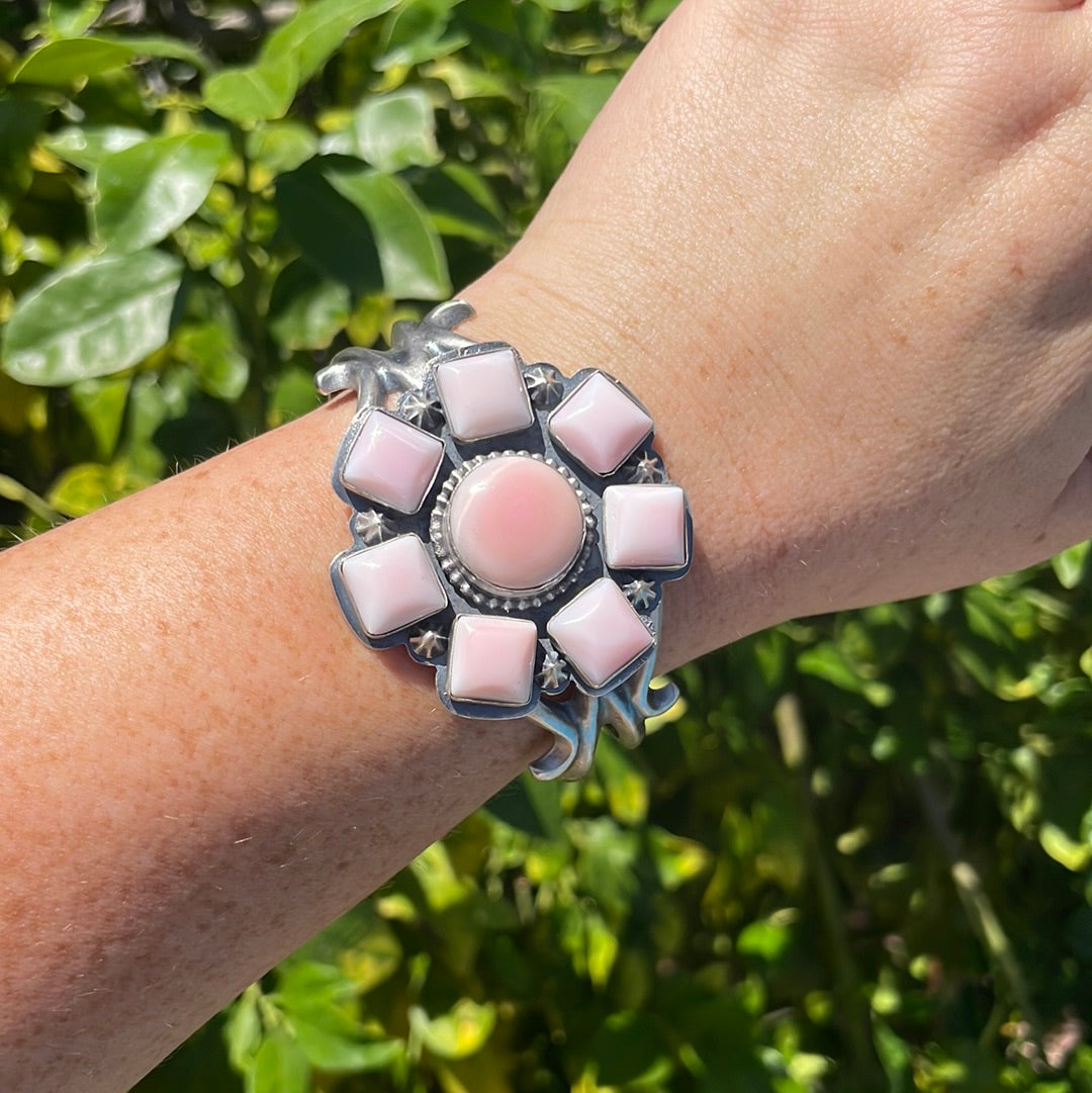 Navajo Queen Pink Conch Shell & Sterling Silver Cluster Cuff Bracelet Signed F.L Begay