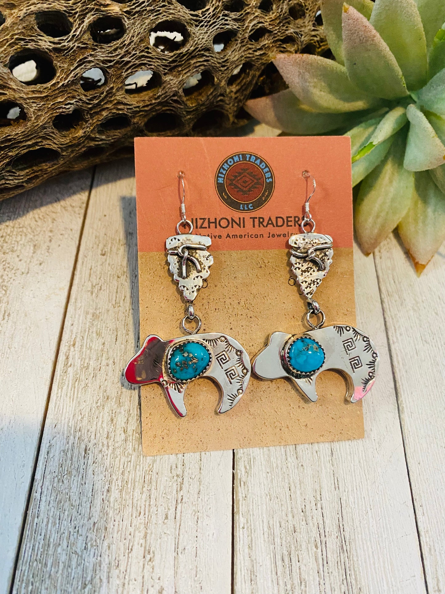 Handcrafted Turquoise & Sterling Silver Fetish Bear Dangle Earrings