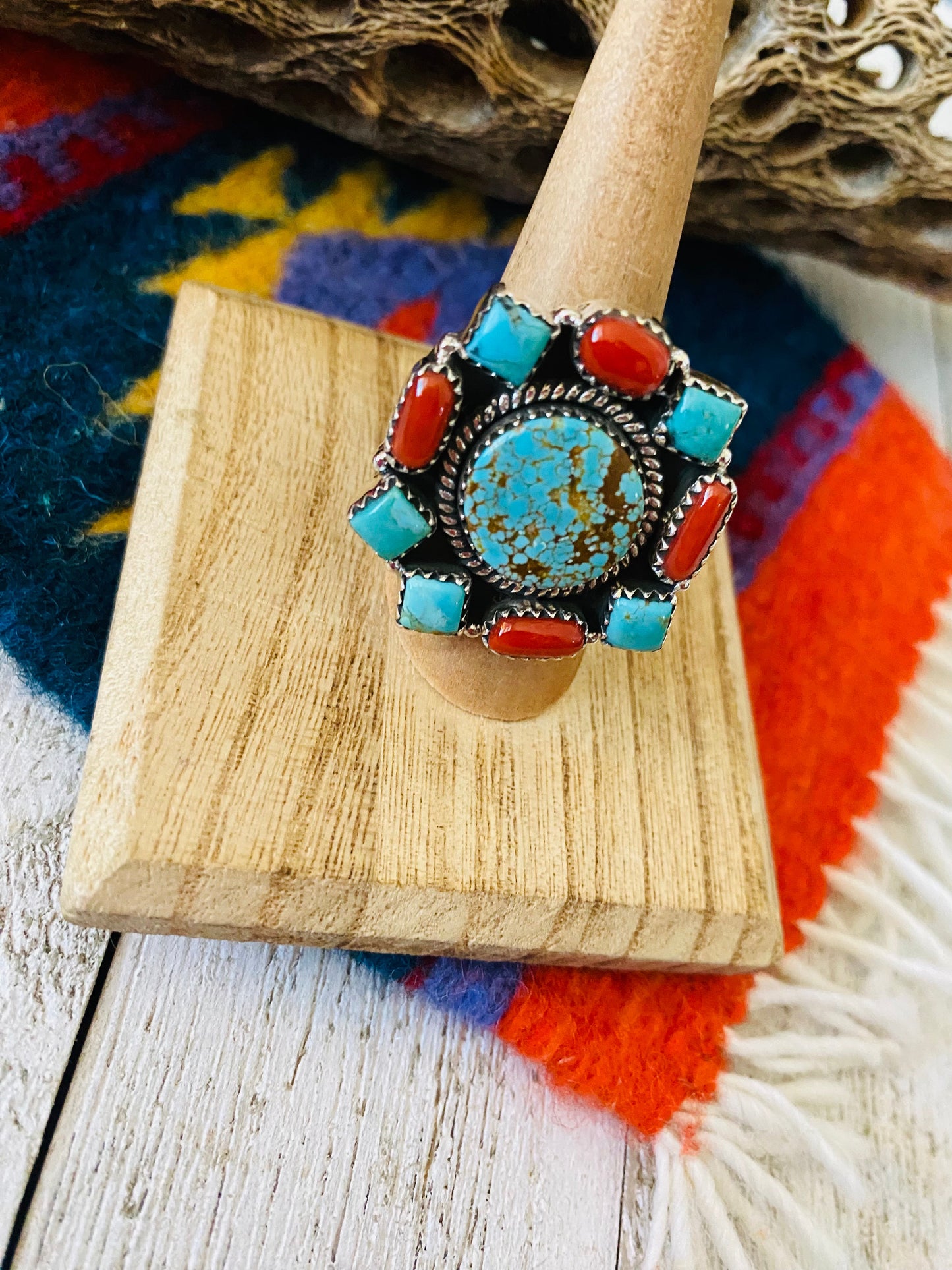Handmade Sterling Silver, Coral & Number 8 Turquoise Cluster Adjustable Ring