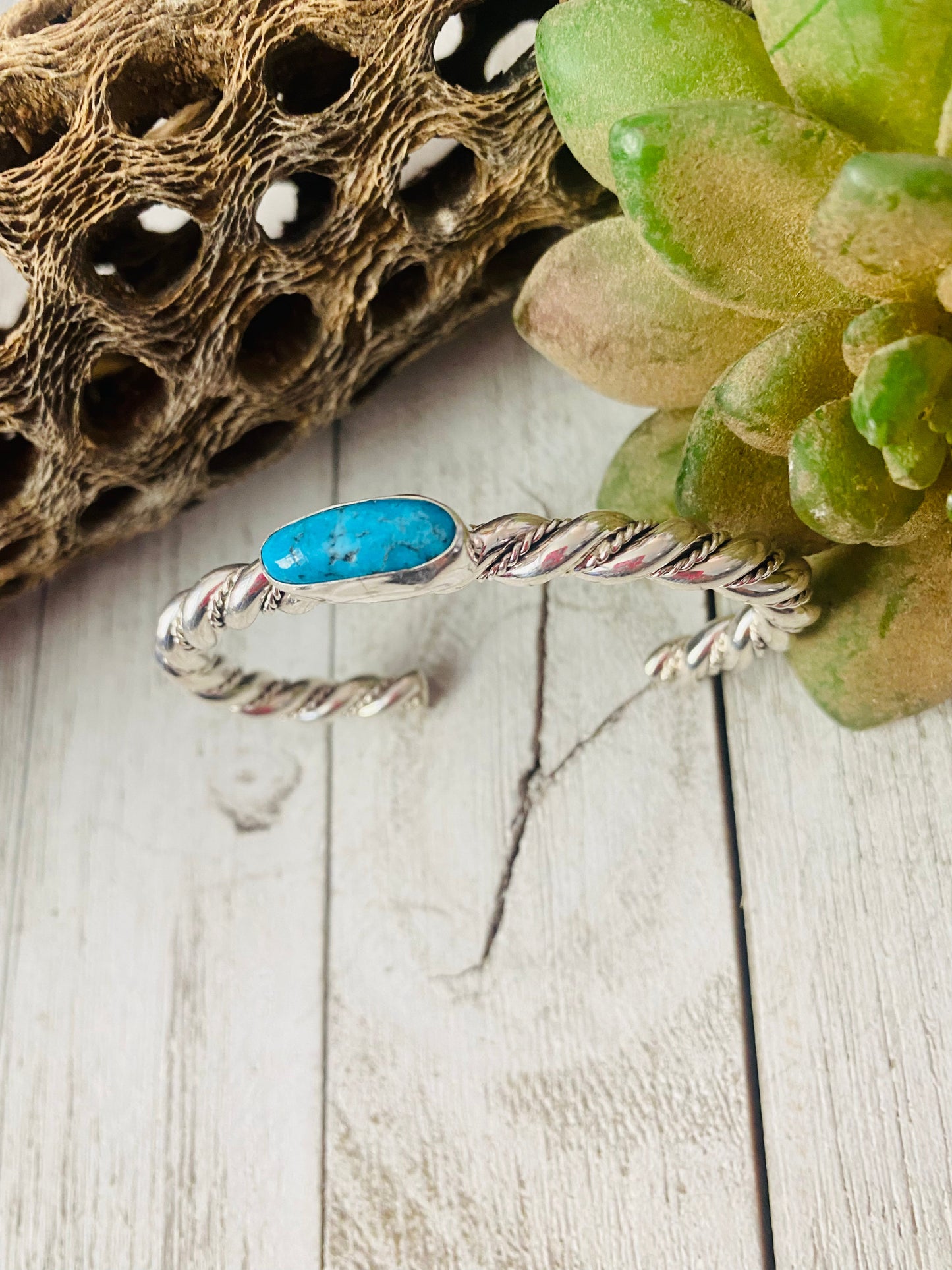 Navajo Twisted Sterling Silver & Kingman Turquoise Cuff Bracelet