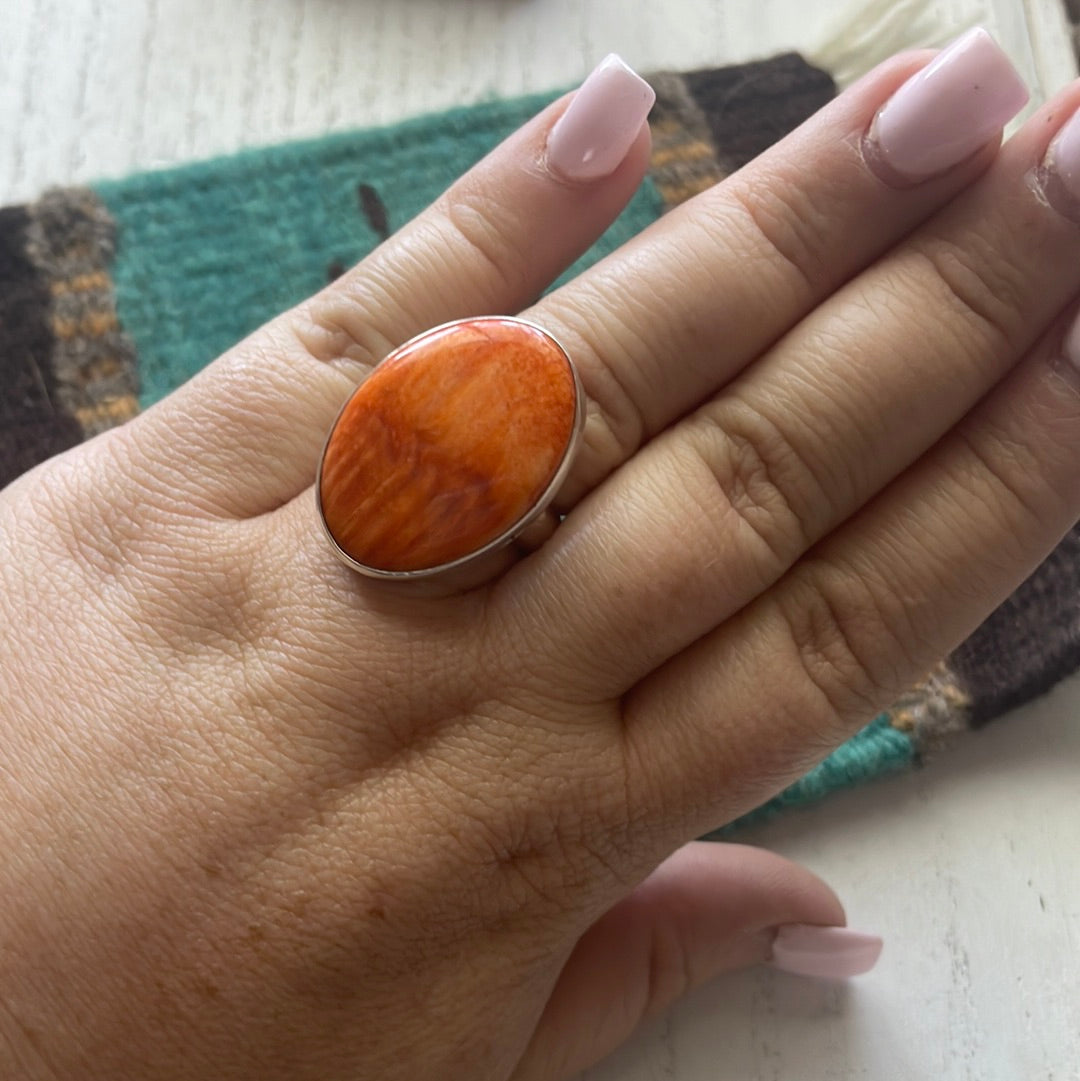 Handcrafted Sterling Silver & Orange Spiny Ring Size 7.5