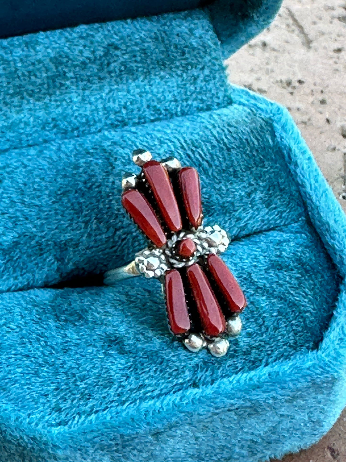 Handcrafted Sterling Silver & Coral Needlepoint Ring