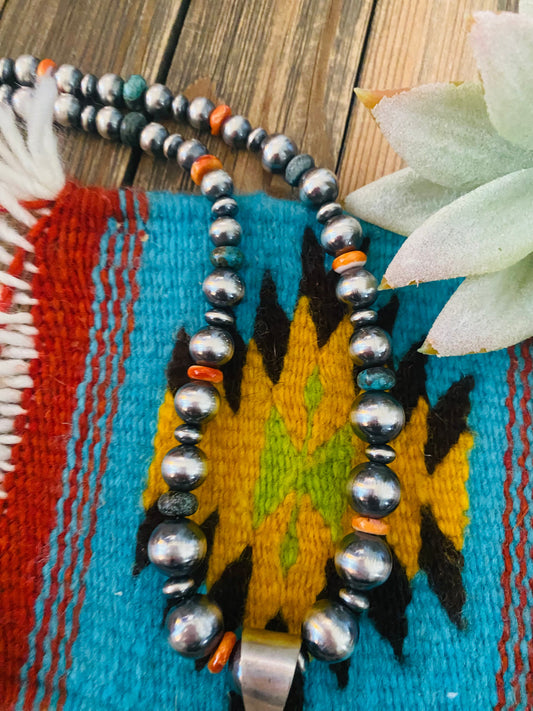 Handcrafted Sterling Silver, Turquoise & Spiny Oyster Beaded Necklace by Sheila Becenti