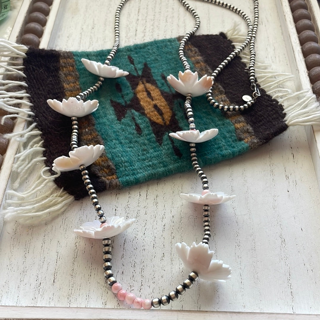 Handcrafted Pink Conch & Sterling Silver Flower Beaded Necklace 48”