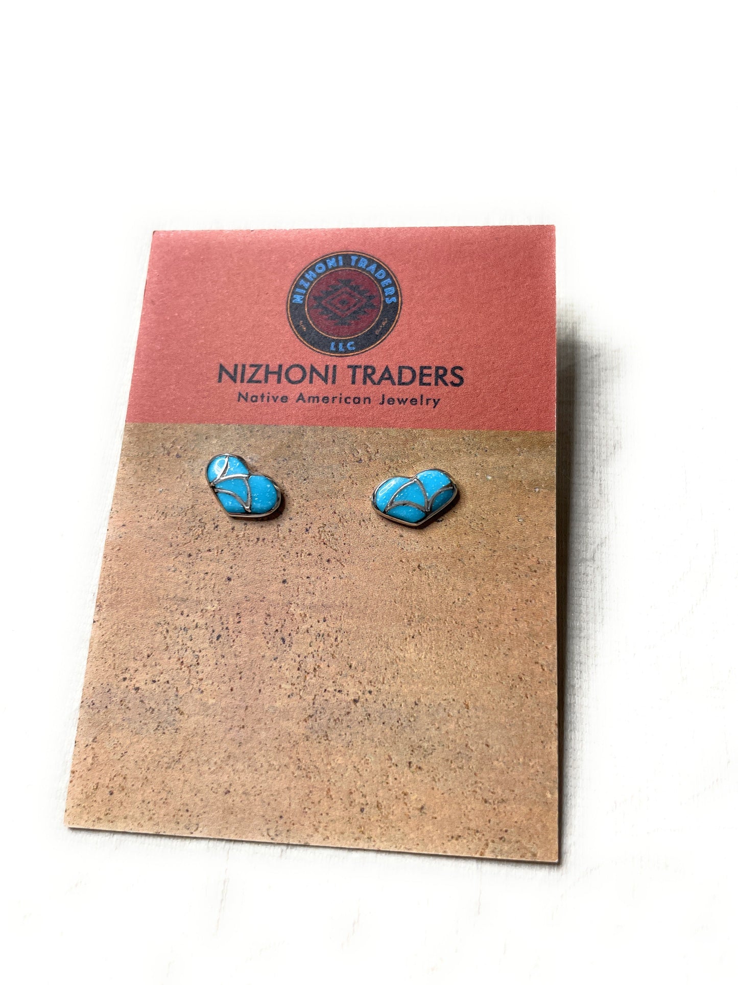 Handcrafted Sterling Silver & Turquoise Inlay Stud Heart Earrings