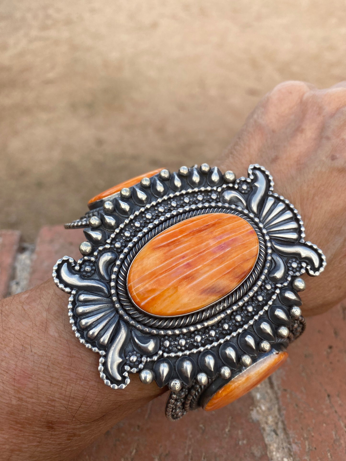 Beautiful Handcrafted Orange Spiny & Sterling Silver Cuff Bracelet Signed