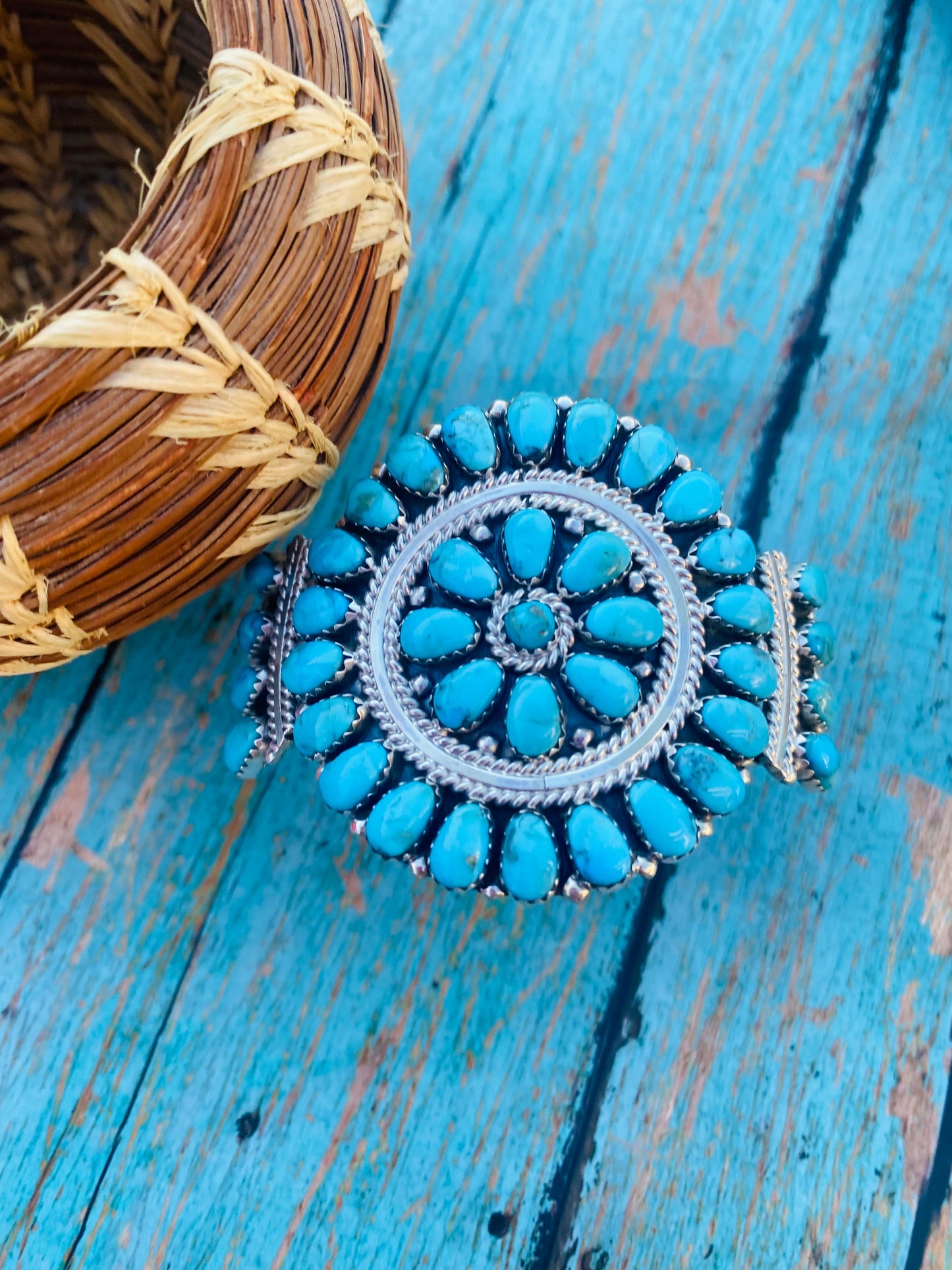 Handcrafted Kingman Turquoise & Sterling Silver Cluster Bracelet Cuff /