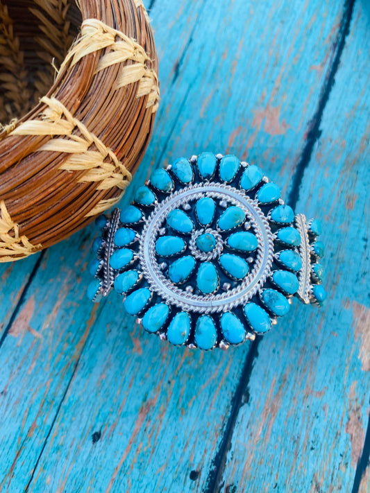 Handcrafted Kingman Turquoise & Sterling Silver Cluster Bracelet Cuff /