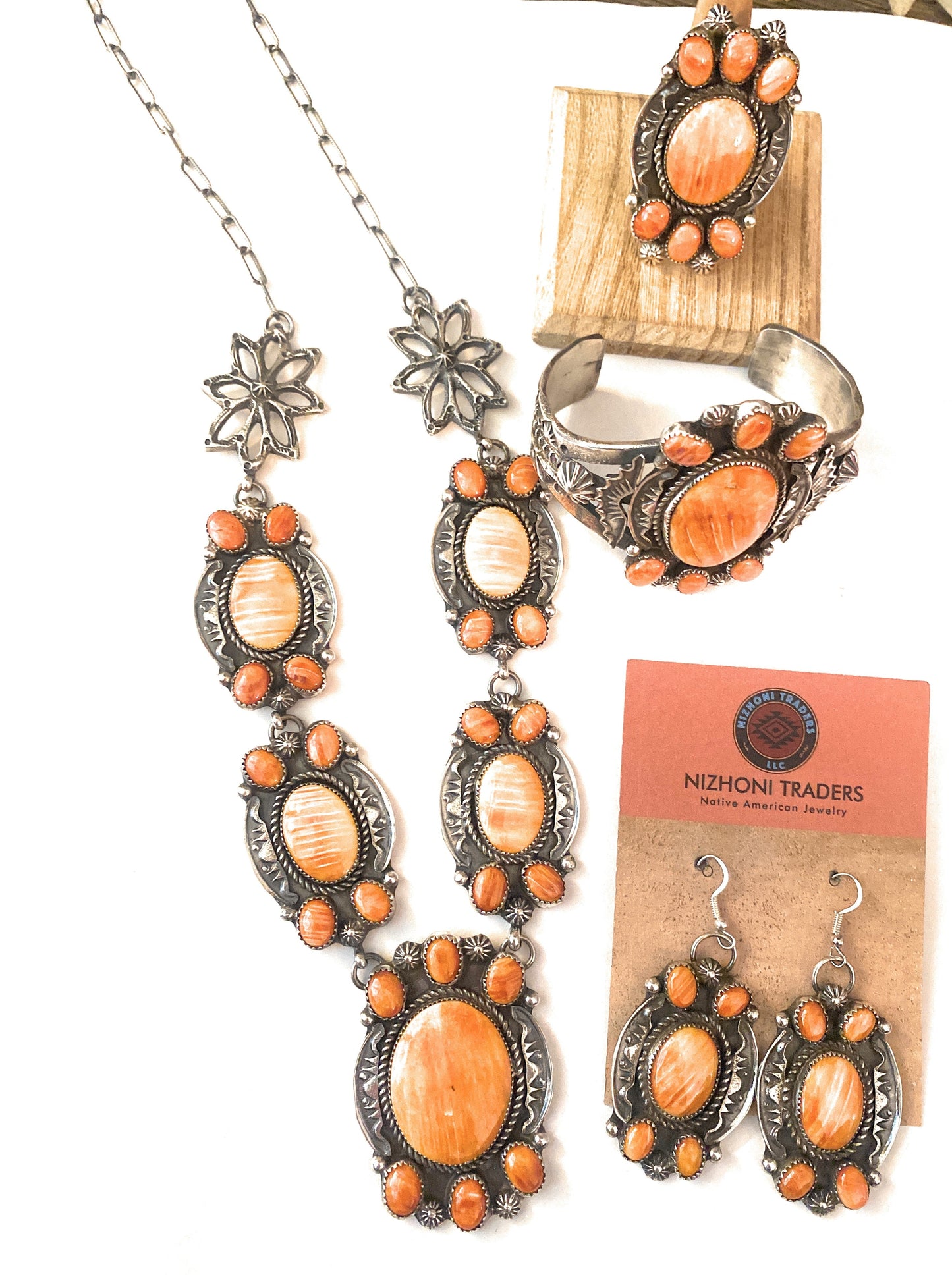 Handcrafted Orange Spiny And Sterling Silver 4 Piece Set by Kevin Billah