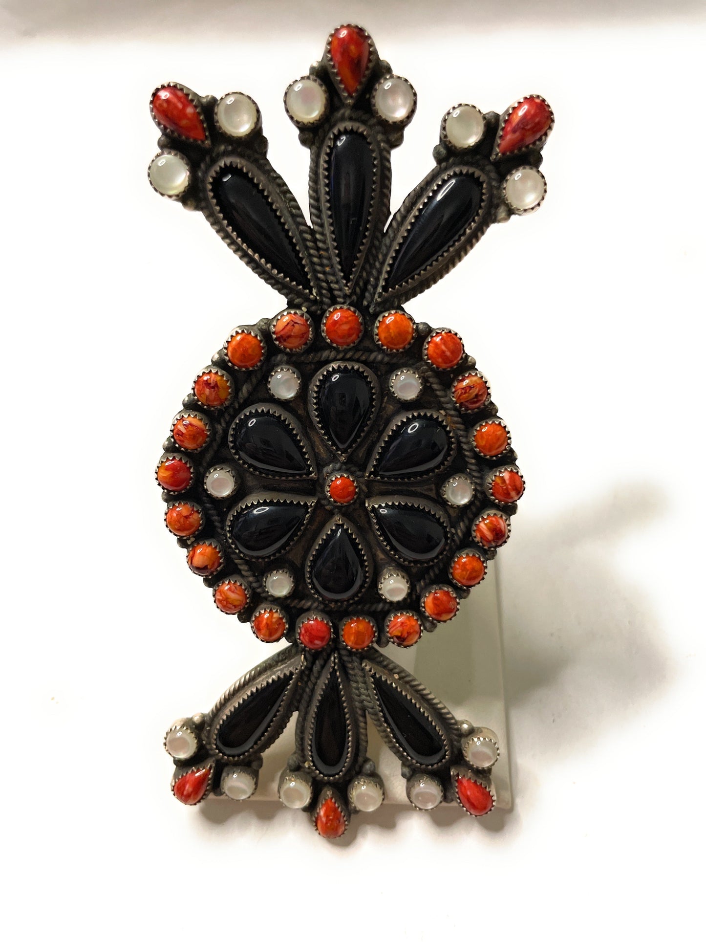 Handcrafted Sterling Silver Black Onyx And Orange Spiny Statement Ring Size 8 By Devon Brown