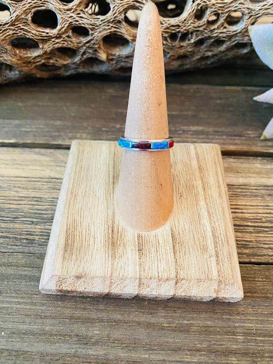 Handcrafted Sterling Silver & Multicolor Opal Inlay Band Ring Size 5.75