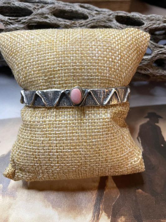 Handcrafted Pink Conch & Sterling Silver Tufa Cast Cuff Bracelet Signed