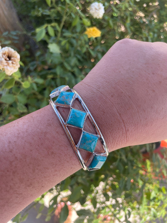 Handcrafted 6 Stone Diamond Shape Turquoise & Sterling Silver Cuff Bracelet Signed /