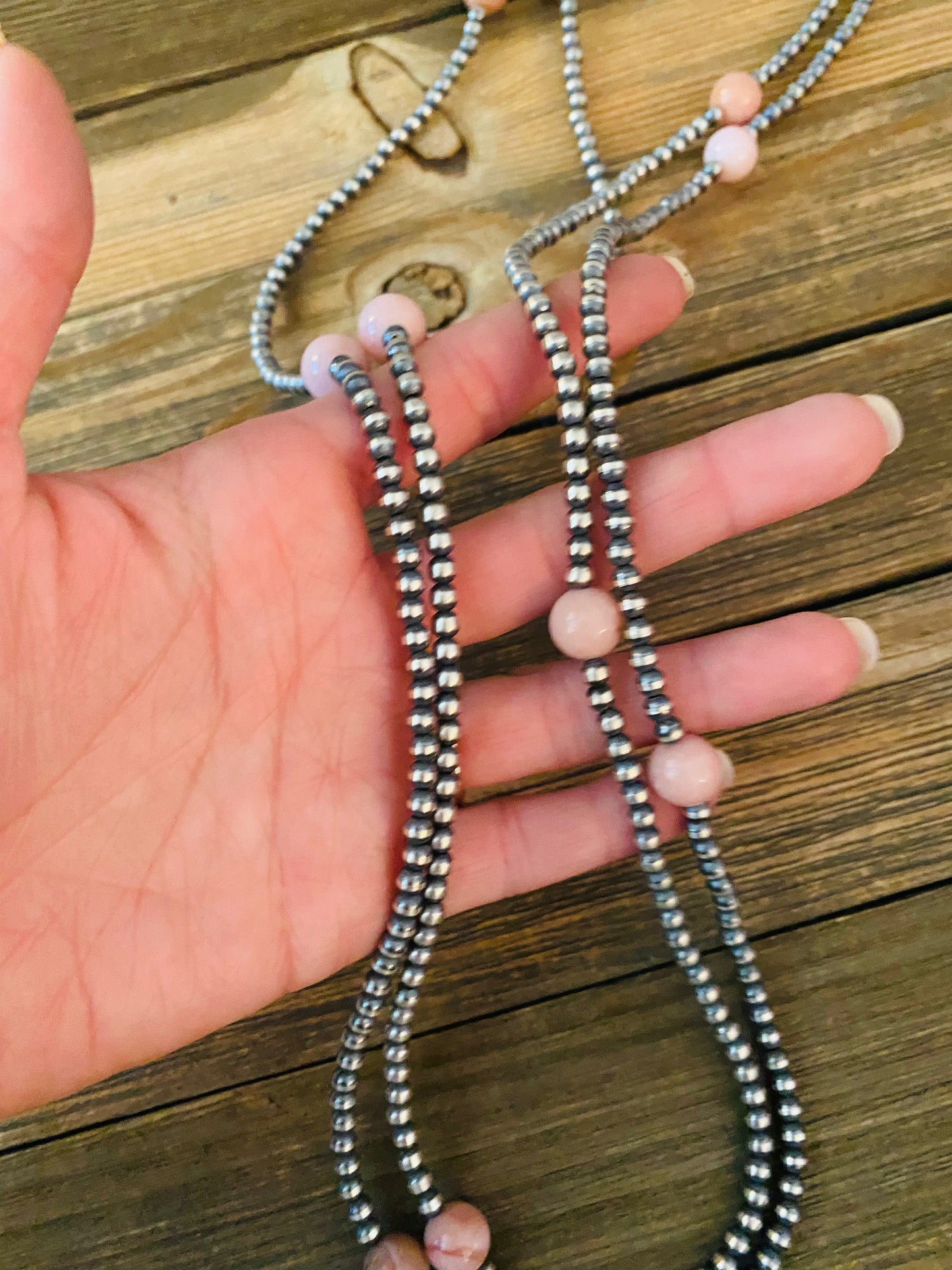 Handcrafted Sterling Silver Pearl & Pink Opal Beaded Necklace 72 inch