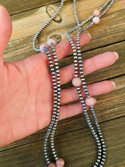 Handcrafted Sterling Silver Pearl & Pink Opal Beaded Necklace 72 inch
