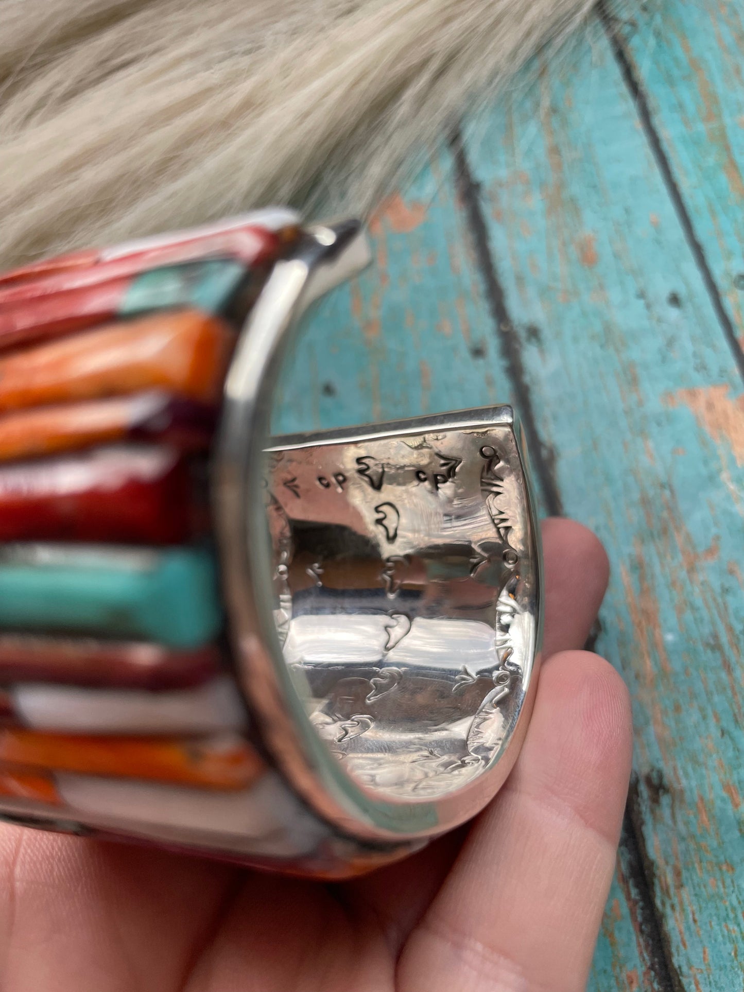 Handcrafted Sterling Silver & Multi Cobblestone Cuff Bracelet Signed