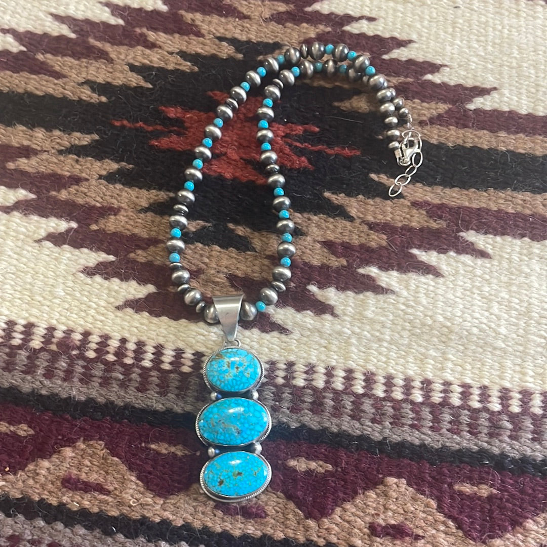 Beautiful Navajo Sterling Silver Beaded Turquoise Necklace With Pendant Signed Kathleen G