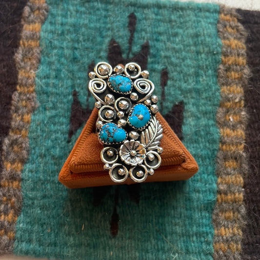Handcrafted Sterling Silver & Turquoise Flower Ring Size 11