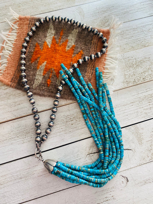 Handcrafted Turquoise & Sterling Silver Pearl Beaded Tassel Necklace