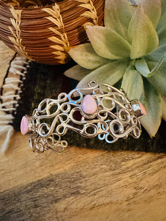 Handcrafted Queen Pink Conch Shell & Sterling Silver Cuff Bracelet
