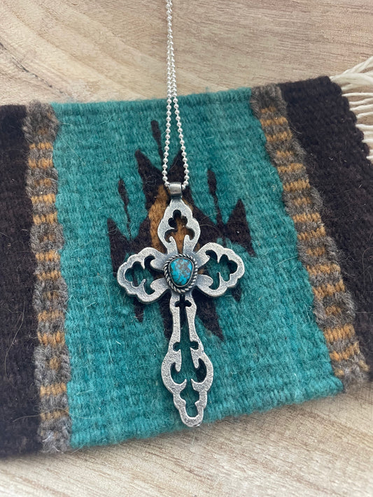 Handcrafted Sterling Silver & Turquoise Cross Pendant Signed Eugene Mitchell
