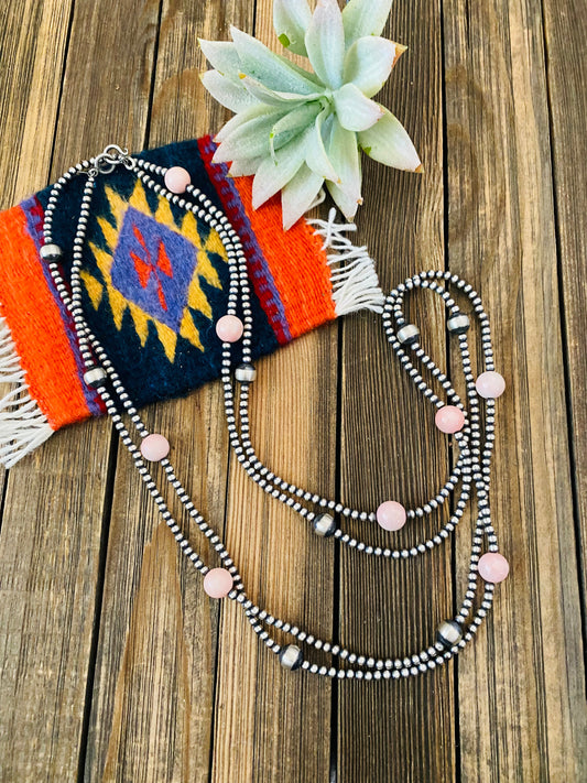 Handcrafted Sterling Silver Pearl, Turquoise & Queen Pink Conch Beaded Necklace 72”