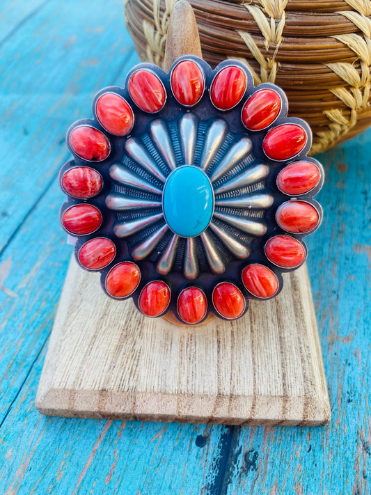 Handcrafted Red Spiny, Turquoise & Sterling Silver Adjustable Ring