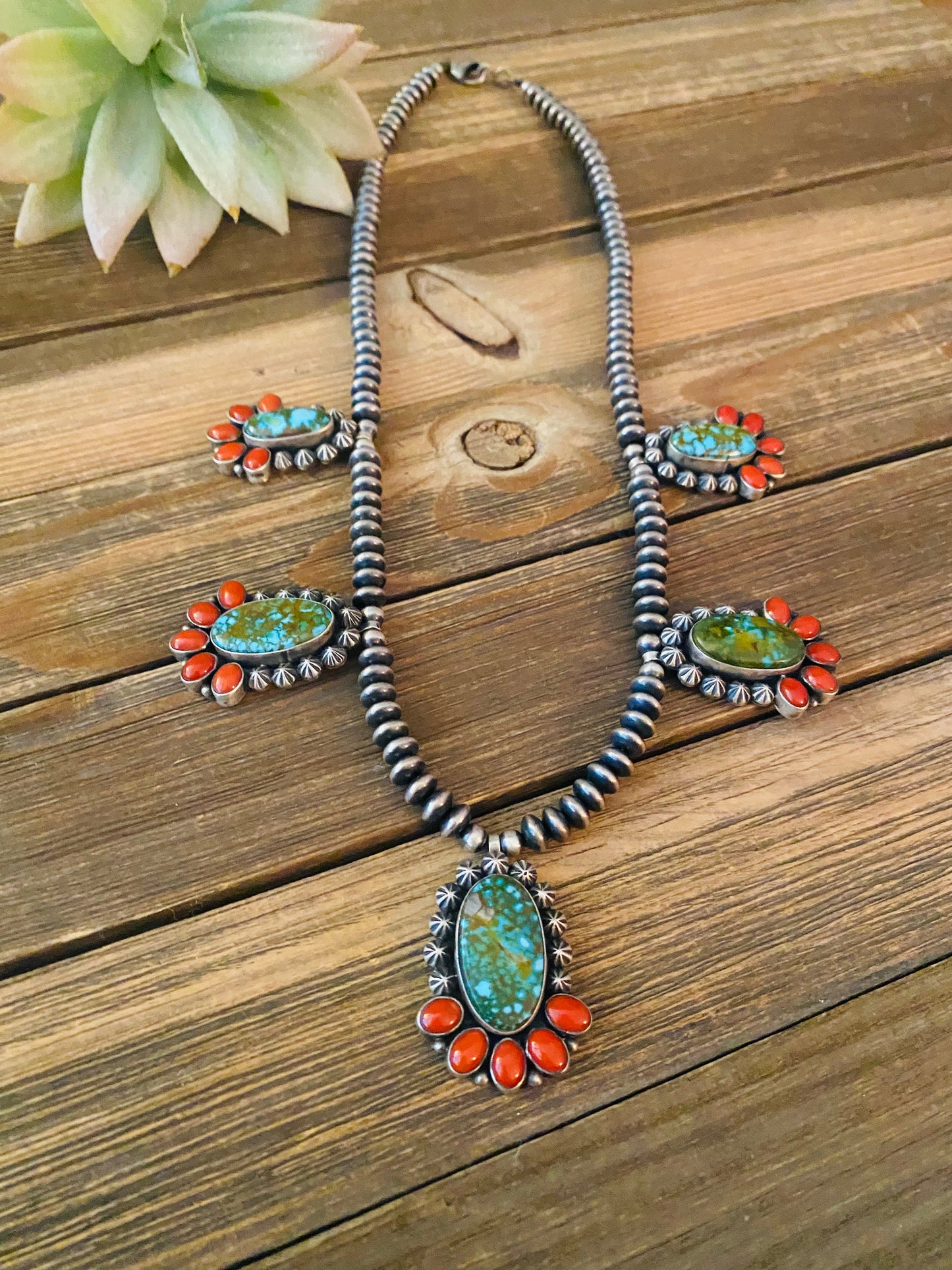 Handcrafted Sterling Kingman Turquoise & Natural Red Coral Necklace Taos Collection
