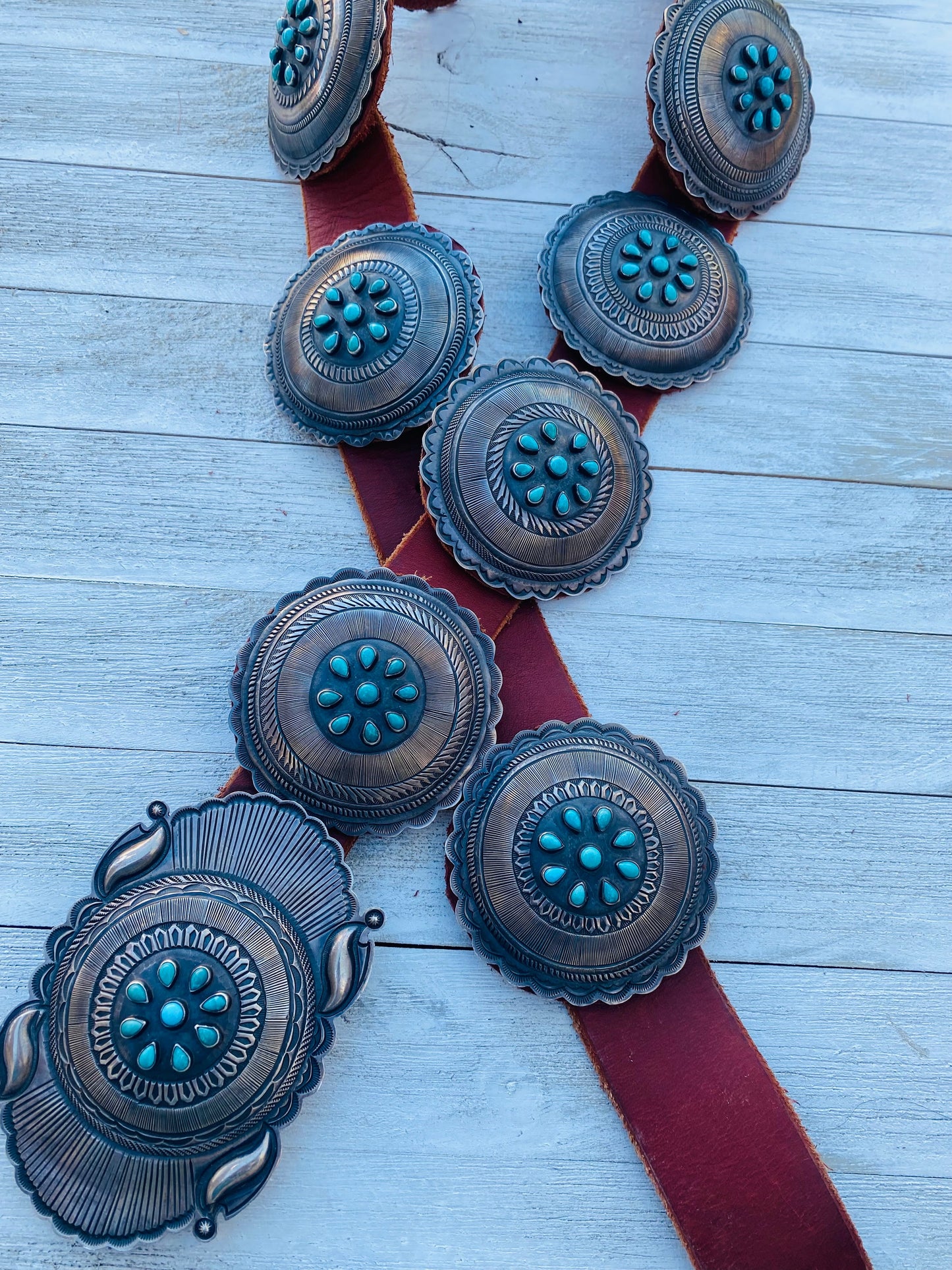 Handcrafted Vintage Brown Leather And Sterling Silver Turquoise Concho Belt