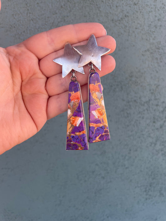Handcrafted Sterling Silver & Purple Dream Slab Star Dangle Earrings Signed