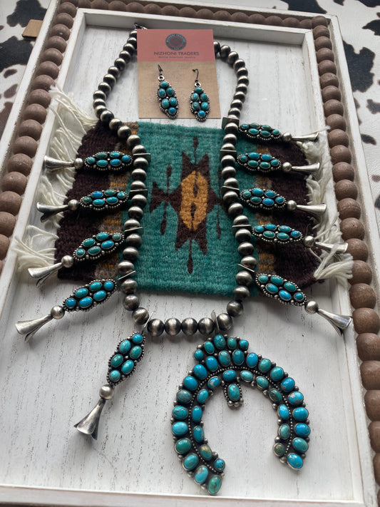 Handcrafted Royston Turquoise & Sterling Squash Blossom Set Signed