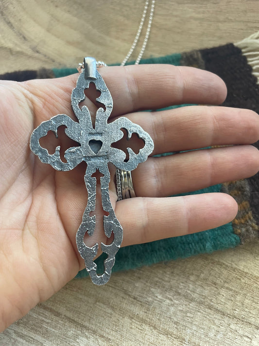 Handcrafted Sterling Silver & Turquoise Cross Pendant Signed Eugene Mitchell