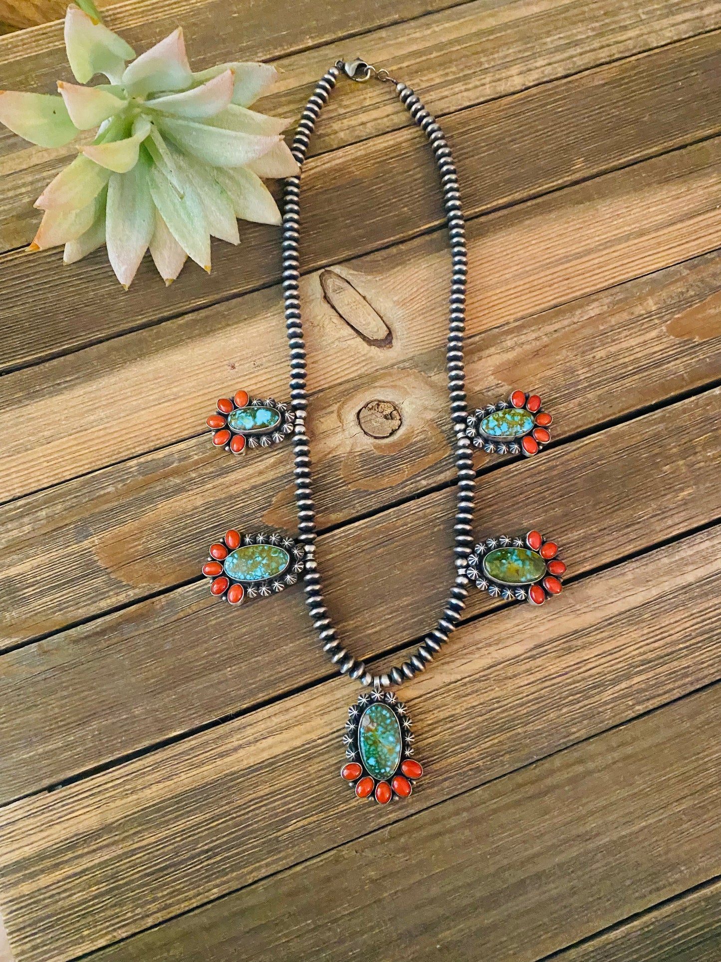 Handcrafted Sterling Kingman Turquoise & Natural Red Coral Necklace Taos Collection