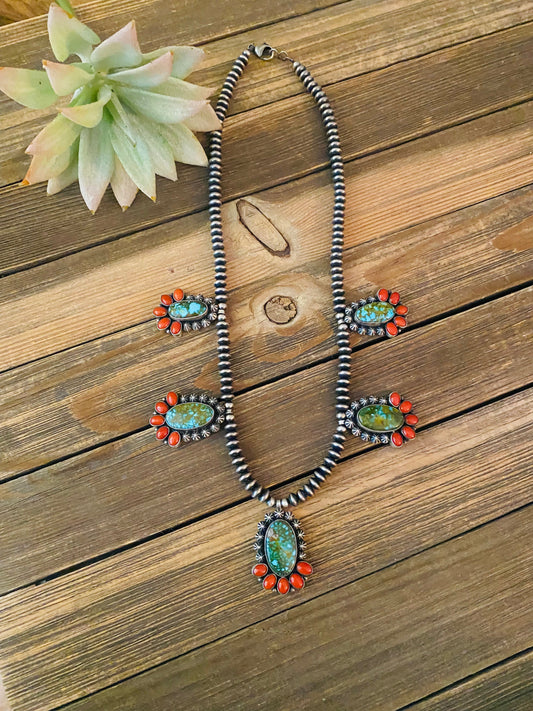 Handcrafted Sterling Kingman Turquoise & Natural Red Coral Necklace Taos Collection